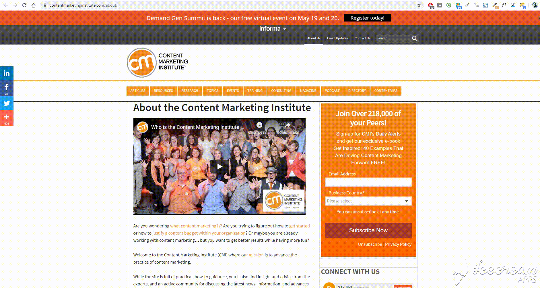 content marketing institute дает пользователям четкое понимание, куда идти дальше и что делать на сайте. Источник https://contentmarketinginstitute.com/about/
